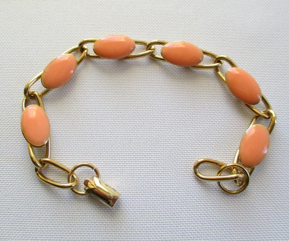 Vintage Coro Gold Tone Oval Link Bracelet Peach/P… - image 3