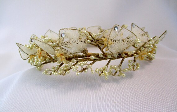 Vintage Bridal Headpiece Wax Flowers Net Leaves W… - image 4