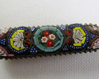 Vintage Bar Pin Brooch Blue Mosaic Floral Design Made in Italy