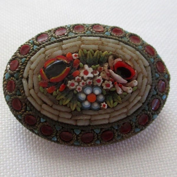 Vintage Floral Oval Mosaic Brooch