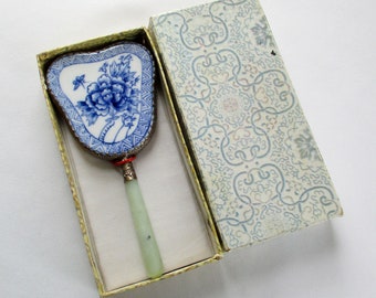 Vintage Delft Porcelain Hand Mirror Jade Green Handle Original Box