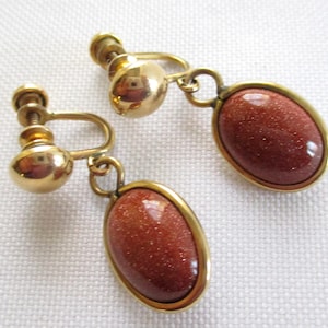 Vintage Amco Gold Filled Goldstone Screw Back Dangle Earrings