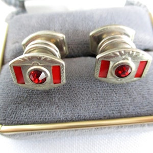 Vintage Red Rhinestone and Silver Tone Snap Link Cuff Links