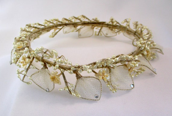 Vintage Bridal Headpiece Wax Flowers Net Leaves W… - image 7