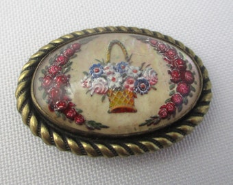 Vintage Brooch Victorian Reverse Carved Intaglio Flower Basket