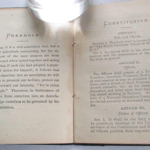 May include: An open book with aged, off-white pages. The left page reads "PREAMBLE" with text discussing the formation of an association. The right page displays "CONSTITUTION" and article titles. The book is bound in a dark cover.