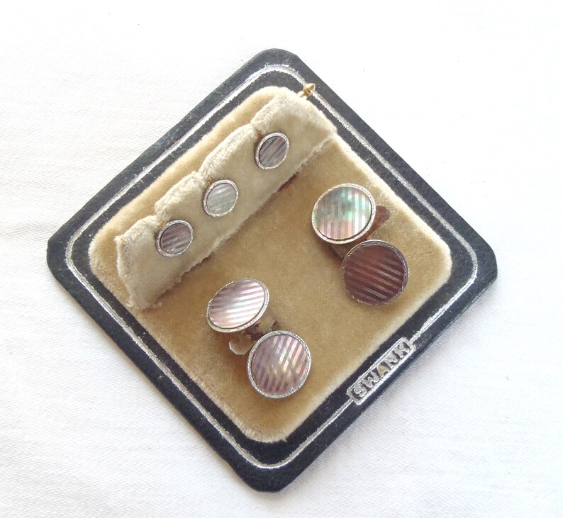 Vintage Swank Gold Plate Cuff Link Shirt Stud Tuxedo Set Mother of Pearl Abalone