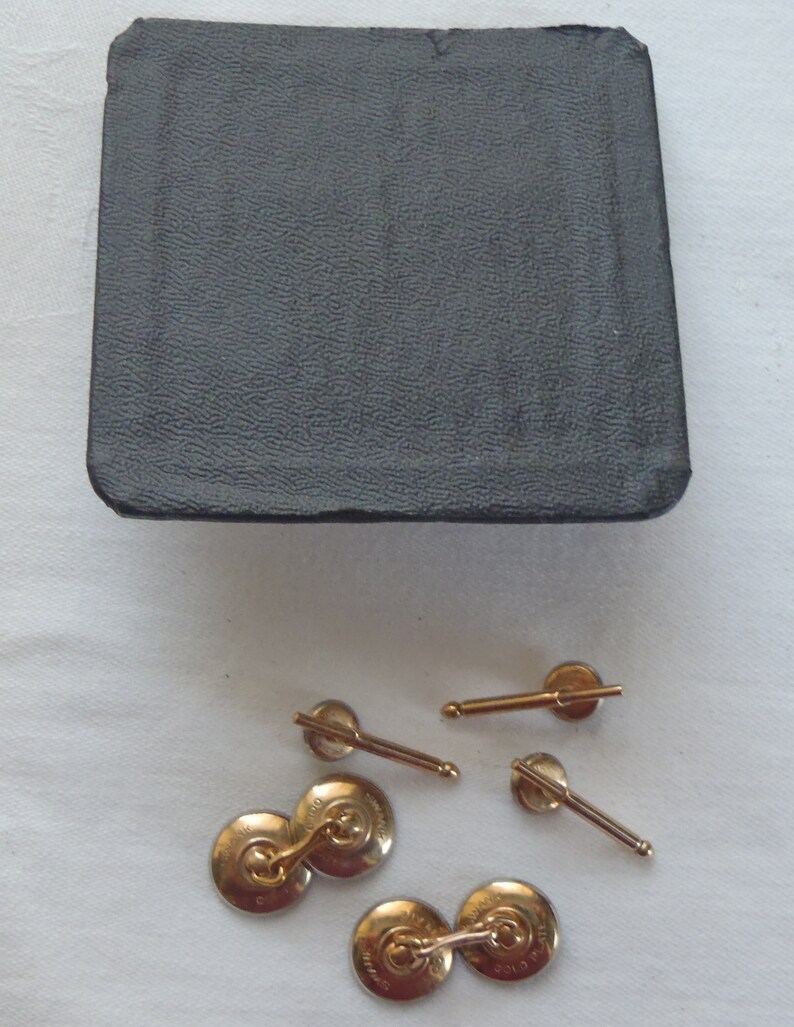 Vintage Swank Gold Plate Cuff Link Shirt Stud Tuxedo Set Mother of Pearl Abalone