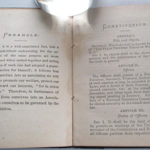 May include: An open book displaying text on aged paper. The left page is headed "PREAMBLE" and the right page "CONSTITUTION." The text is in black ink. The book is open at the centre, showing the binding.