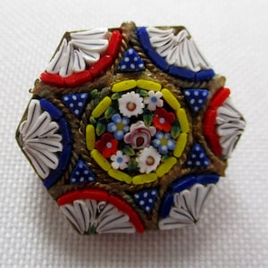 Vintage Hexagonal Micro Mosaic Floral Brooch Made in Italy