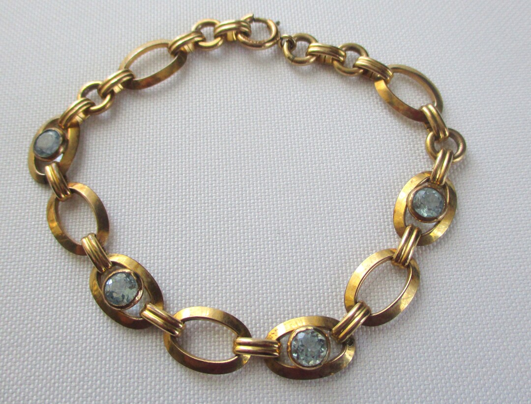 Vintage Gold Filled Bracelet Oval Links Light Blue Rhinestones Etsy