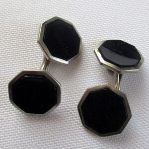 Vintage Cuff Links Silver Tone Black Octagonal image 3