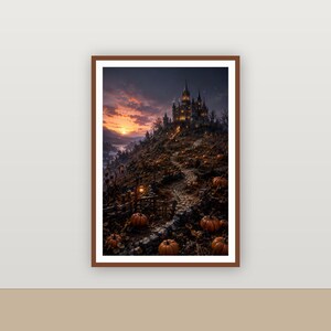 Gothic Castle Wall Art, Halloween Pumpkin Hill Sunset Print, Whimsigoth Autumn Moody Decor, Spooky Fall Wall Art, Digital Download