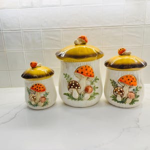 Vintage Sears Merry Mushroom Canisters – Set of 3 – Retro 1970s Kitchen Decor