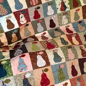 Può includere: Una trapunta fatta a mano con un design patchwork composto da numerosi quadrati. Ogni quadrato presenta un'applicazione di pera in vari colori e motivi, tra cui blu, rosso e verde. La trapunta ha un'estetica calda e invitante.