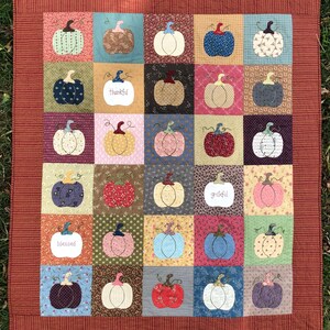 May include: A patchwork quilt with a red border and a pattern of pumpkins in various colors and designs. The quilt has the words "thankful", "grateful", and "blessed" stitched into it.