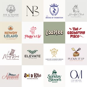 Peut inclure: Une grille de seize logos avec divers designs et textes. Les logos comprennent des éléments floraux, des initiales et des illustrations d'un cheval, d'un drone et d'un gâteau. Le texte comprend des noms d'entreprises et des slogans.