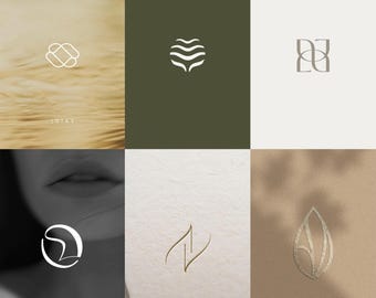 May include: A collection of six minimalist logo designs. The logos feature abstract shapes, including intertwined lines, wave-like forms, and letter combinations. The color palette is neutral, with white and gold designs on various colored backgrounds.