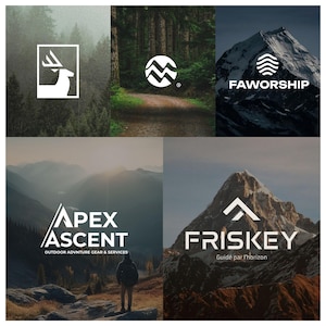 Può includere: Un collage di cinque loghi a tema outdoor con icone grafiche e testo bianchi sovrapposti a fotografie naturalistiche. I loghi includono una silhouette di cervo, forme di montagna e i nomi dei marchi FAWORSHIP, APEX ASCENT e FRISKEY con slogan.