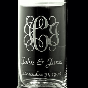 May include: A clear glass jar with a lid, engraved with the monogram "JGJ", the names "John & Janet", and the date "December 31, 1994".
