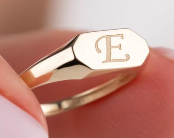 14k Solid Gold Initial Signet Ring, Personalized Octagon Gold Ring, Custom Engraved Letter Ring, Minimalist Signet Ring, Gift for Him or Her