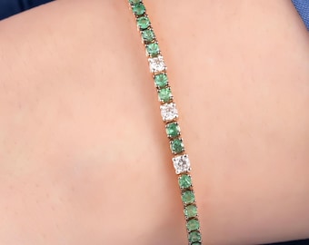 14k Solid Gold Emerald and Diamond Tennis Bracelet – Green Emerald Fine Jewelry Bracelet for Women