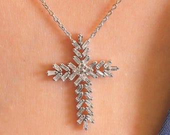14k Solid Gold Diamond Cross Necklace | 0.33 ct Natural Baguette&Round Cut Diamonds | Christian Pendant with Chain | Religious Gift for Her