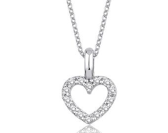 Collar de corazón de diamantes en oro blanco de 14 k con colgante de corazón abierto con pavé, un delicado regalo de joyería de amor para ella.