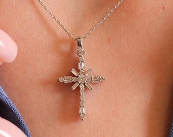 14k Solid Gold Diamond Cross Necklace | 0.23 ct Natural Baguette&Round Cut Diamonds | Christian Pendant with Chain | Religious Gift for Her