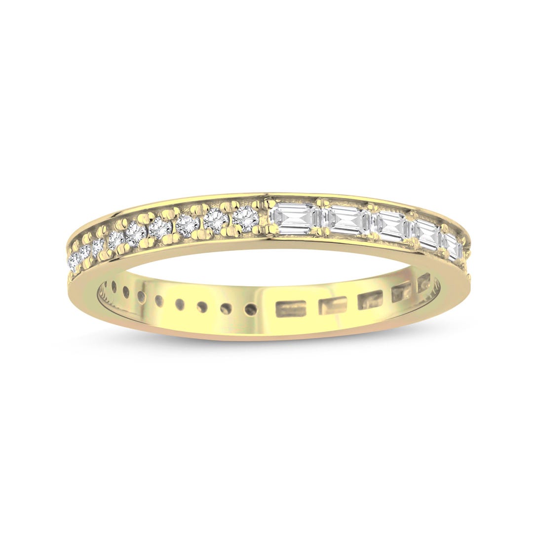 14k Gold Baguette and Round Diamond Band – Half Pavé Modern Wedding ...