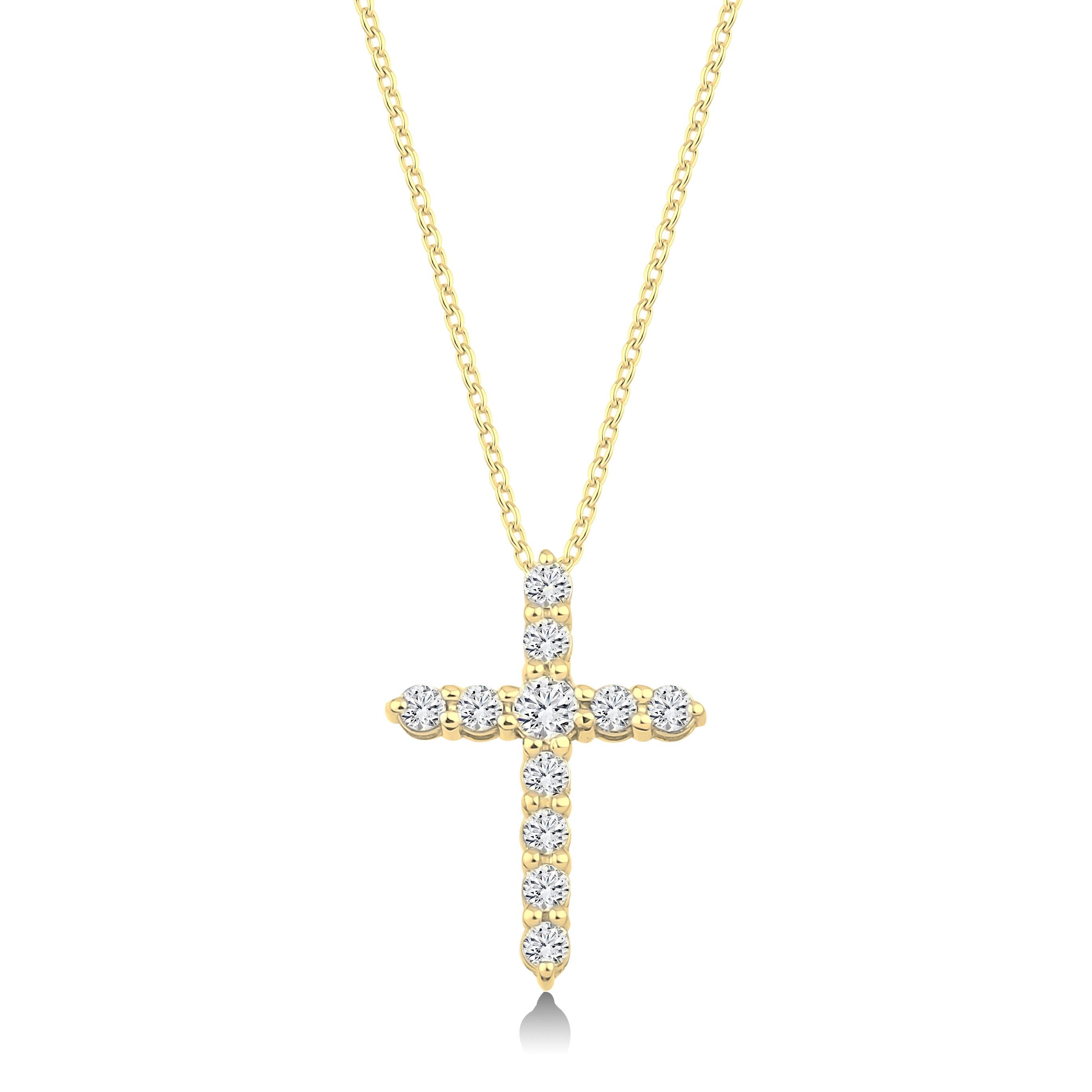 14k Solid Gold Diamond Cross Necklace: Christian Pendant, 0.19 ct Diamonds