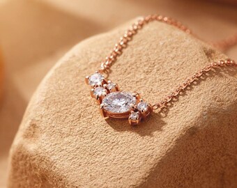 14k Gold Oval Diamond Necklace, Diamond Cluster Pendant, Minimalist Gold Diamond Necklace, Dainty Diamond Jewelry