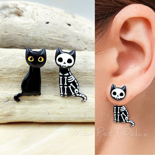 Halloween black cat and skeleton cat mismatched earrings, ear jacket earrings, witchy jewelry, cat steel stud, birthday gift, cat lover gift