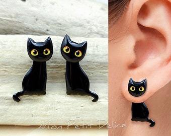 Black cat ear jacket earrings, halloween earrings, cat jewelry, cat stud earrings, witchy jewelry, cat lover gift, birthday gift for friend