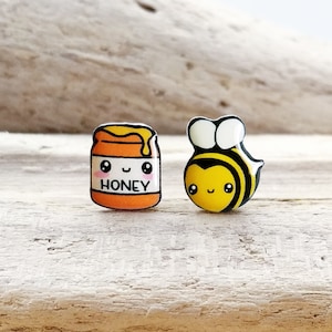 Tarro de miel y abeja kawaii pendientes perno acero hipoalergenico acrilico hecho a mano Plastico Retractil Retractil Resina bisuteria comida Original