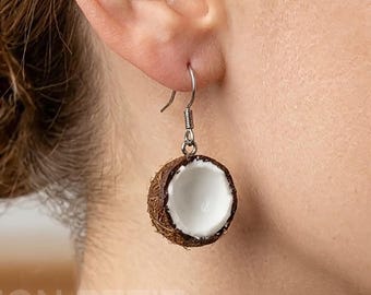 Realistic Coconut Earrings | Surgical Steel Hooks | Miniature Food Jewelry | Summer Jewelry | Handmade Fruit Gifts