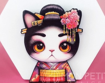 Cute Geisha cat wooden illustrated brooch, cat jewelry, cat themed gifts, birthday gift original christmas gift for cat lovers, cat wood pin