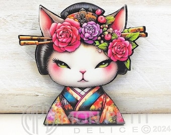 Geisha Cat Brooch: Illustrated Wooden Pin, Cat Lover Gift