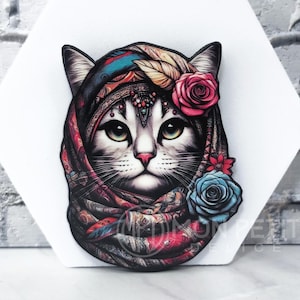 Bohemian cat wooden illustrated brooch, cat jewelry, cat themed gifts, christmas gift , cat pin, lasercut jewelry, gift for cat lovers