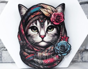 Bohemian Cat Brooch: Illustrated Wooden Pin, Cat Lover Gift