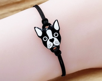 Pulsera de hilo ajustable Bulldog Frances Boston Terrier hecho a mano plastico retractil resina bisuteria perro kawaii animal macrame acero