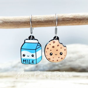 Pendientes leche con galletas kawaii con gancho acero hipoalergenico hecho a mano Plastico Retractil resistancea kawaii bisuteria comida cookie