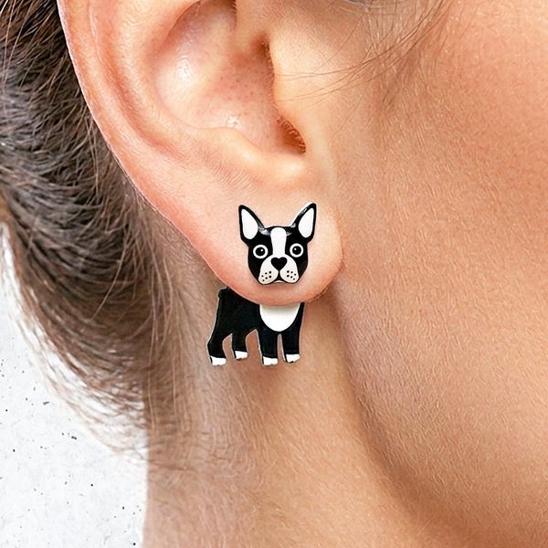 Boston Terrier Dog Ear Jacket Earrings: Hypoallergenic Steel Studs, Shrink Plastic & Resin,  Dog Lovers Gift