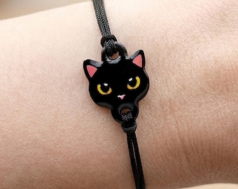 Kawaii Black Cat Bracelet | Adjustable Witchy Jewelry | Kitten Lover Gift | Handmade Resin Jewelry