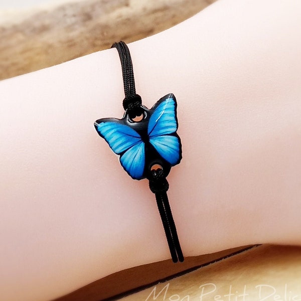 Pulsera de hilo ajustable mariposa bleu marine vintage hecho a mano plastico retractil resina bisuteria kawaii animal macramé acero nudo corredizo