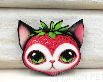 Strawberry Cat Wooden Brooch: Laser Cut Cat Lover Gift