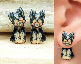 Yorkshire Terrier ear jacket stud earrings handmade shrink plastic resin hypoallergenic steel front back dog animal jewelry dog lover gift