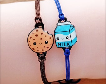 2 Pulseras hilo mejores amigos ajustable leche y galleta hecho mano plastico retractil resina bisuteria comida kawaii macrame nudo corredizo