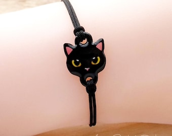 Pulsera de hilo ajustable Gato Negro hecho a mano plastico retractil resina bisuteria kawaii animal macrame nudo corredizo  acero amistad