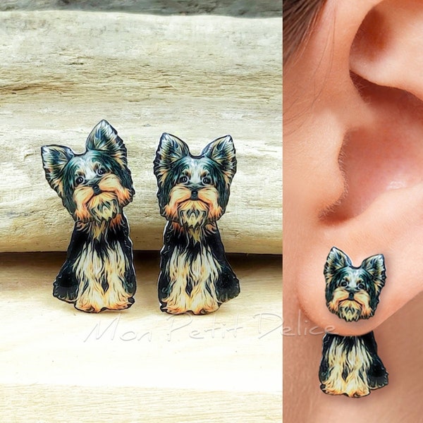 Boucles d'oreilles clous d'oreilles Yorkshire Terrier faites à la main en résine plastique rétractable en acier hypoallergénique avant arrière chien bijoux animaux cadeau pour amoureux des chiens